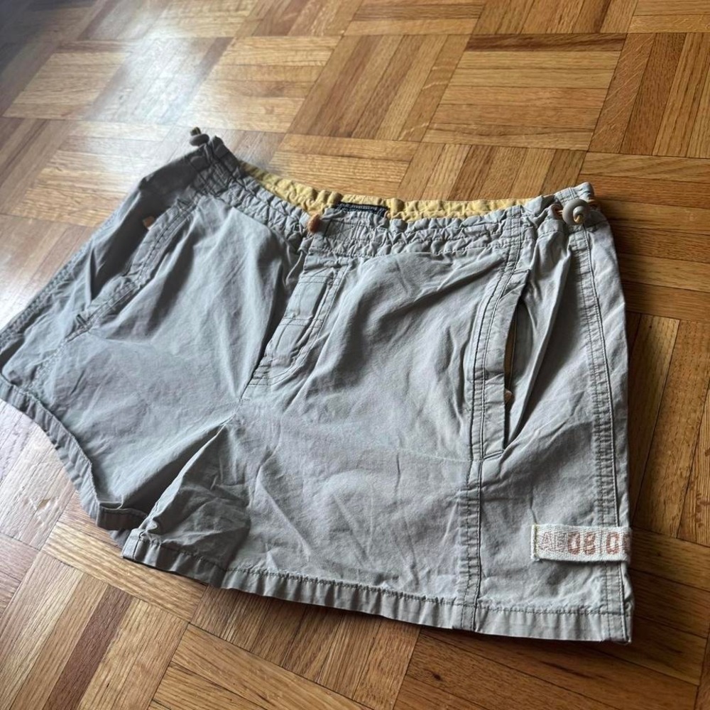y2k khaki and butter yellow american eagle cargo style board shorts